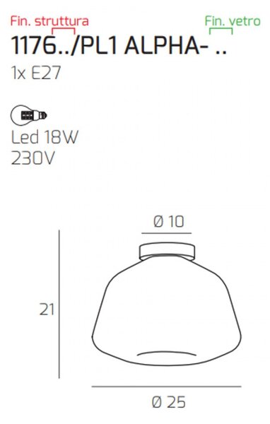 Plafoniera moderna top light double skin 1176cr pl1 alpha ve e27 led vetro lampada soffitto - Top Light