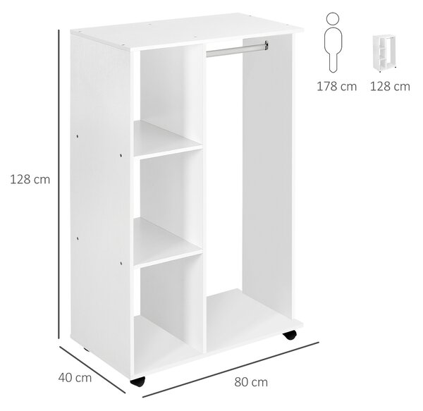 HOMCOME Armadio Guardaroba con Ruote in Legno, bianco, 80x40x128cm