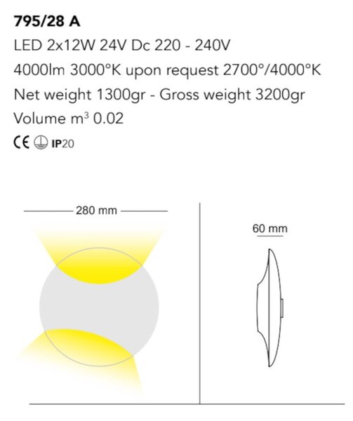 Applique moderno cattaneo illuminazione lunatica 795 28a led biemissione metallo lampada parete - Cattaneo Illuminazione