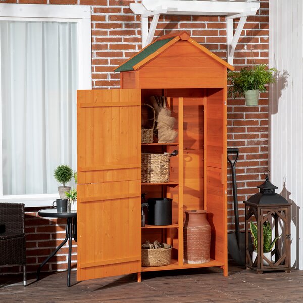 Outsunny Casetta da Giardino con 2 Ante e 3 Mensole, Capanno Porta Attrezzi in Legno, 84x52x188 cm, Arancione | Aosom Italy