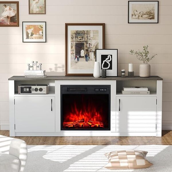 Supporto per TV a camino elettrico da 58", moderno centro multimediale con effetto fiamma 3D realistico, protezione da surriscaldamento e telecomando, tavolino in legno per il soggiorno