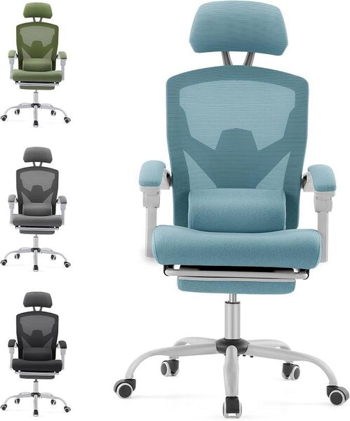 Sedia da ufficio ergonomica: una sedia da scrivania dotata di braccioli confortevoli, con un supporto lombare comodo e poggiapiedi, ideale per l'uso in casa