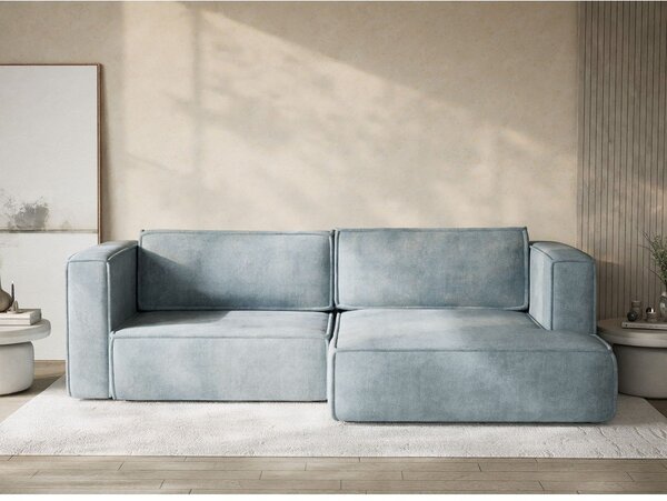 Divano angolare azzurro allungabile/con contenitore (con penisola a destra/con chaise lounge) con rivestimento in ciniglia Velto – Maison de Rêve