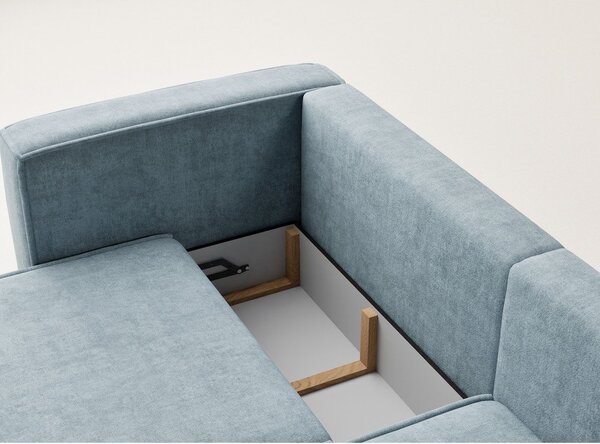 Divano angolare azzurro allungabile/con contenitore (con penisola a destra/con chaise lounge) con rivestimento in ciniglia Velto – Maison de Rêve