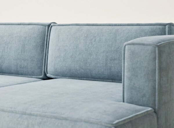 Divano angolare azzurro allungabile/con contenitore (con penisola a destra/con chaise lounge) con rivestimento in ciniglia Velto – Maison de Rêve