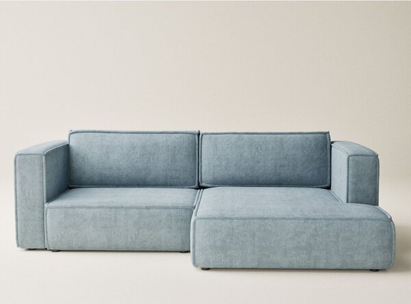 Divano angolare azzurro allungabile/con contenitore (con penisola a destra/con chaise lounge) con rivestimento in ciniglia Velto – Maison de Rêve