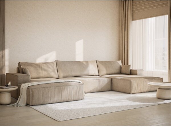 Divano angolare beige allungabile/con contenitore (a U) con rivestimento in ciniglia Kyoto – Maison de Rêve
