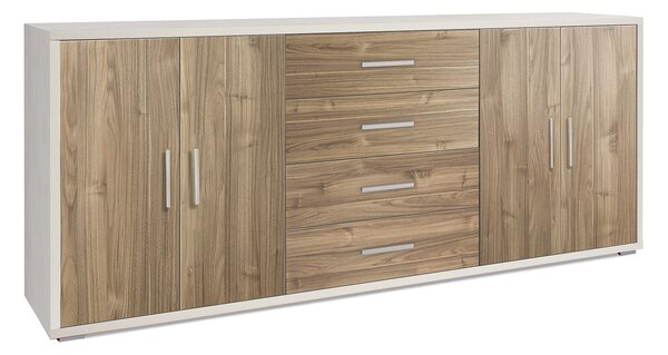 Mobile Basso 4 Ante 4 Cassetti 203x84x41 cm Ossido Bianco/Noce Stelvio