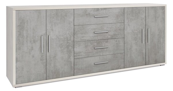 Mobile Basso 4 Ante 4 Cassetti 203x84x41 cm Ossido Bianco/Cemento