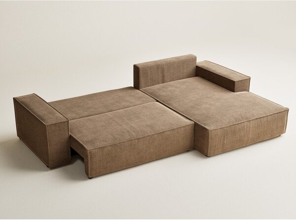Divano angolare marrone chiaro allungabile/con contenitore (con penisola a destra/con chaise lounge) con rivestimento in ciniglia Maze – Maison de Rêve