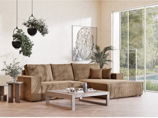 Divano angolare marrone chiaro allungabile/con contenitore (con penisola a destra/con chaise lounge) con rivestimento in ciniglia Maze – Maison de Rêve