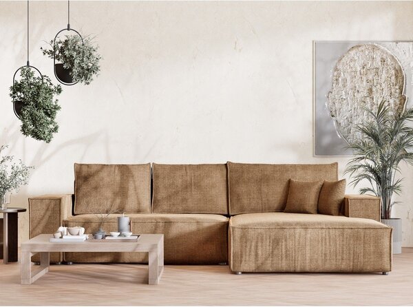 Divano angolare marrone chiaro allungabile/con contenitore (con penisola a destra/con chaise lounge) con rivestimento in ciniglia Maze – Maison de Rêve