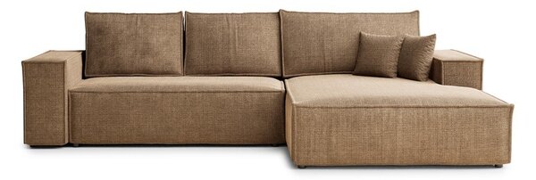 Divano angolare marrone chiaro allungabile/con contenitore (con penisola a destra/con chaise lounge) con rivestimento in ciniglia Maze – Maison de Rêve