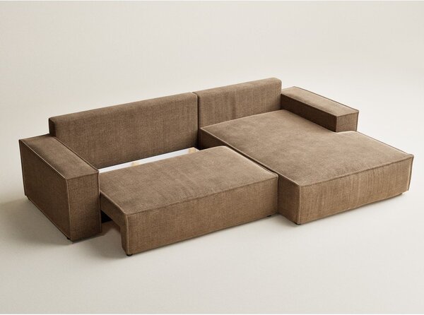 Divano angolare marrone chiaro allungabile/con contenitore (con penisola a destra/con chaise lounge) con rivestimento in ciniglia Maze – Maison de Rêve