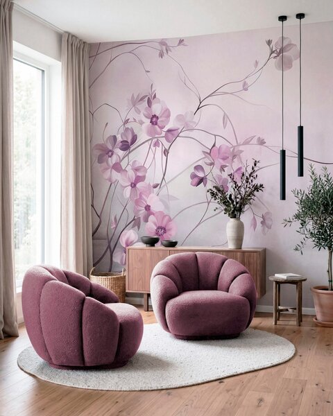 Carta da parati Viti sinuose con delicati fiori di un rosa tenue, Carta da parati Buffer, w10083v1 : Uwalls.it
