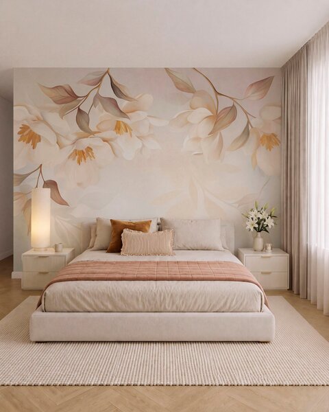 Carta da parati Fiori di magnolia con delicate foglie marroni che pendono dai rami, Carta da parati Floreale, w10086 : Uwalls.it
