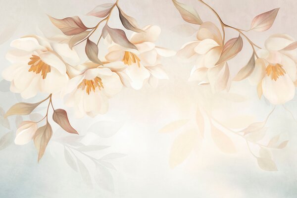 Carta da parati Fiori di magnolia con delicate foglie marroni che pendono dai rami, Carta da parati Floreale, w10086 : Uwalls.it