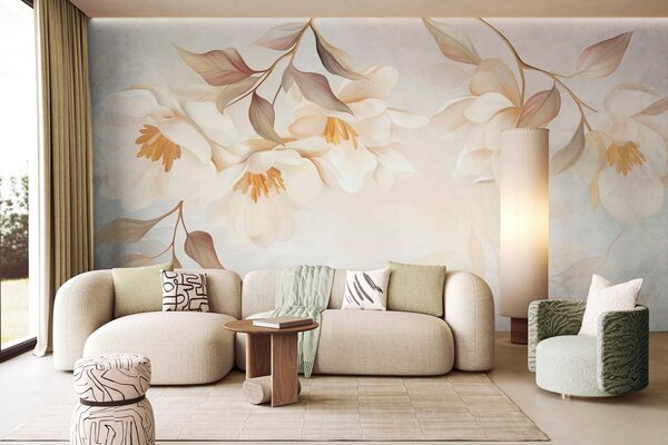 Carta da parati Fiori di magnolia con delicate foglie marroni che pendono dai rami, Carta da parati Floreale, w10086 : Uwalls.it