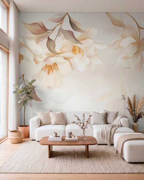 Carta da parati Fiori di magnolia con delicate foglie marroni che pendono dai rami, Carta da parati Floreale, w10086 : Uwalls.it