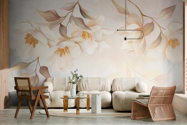 Carta da parati Fiori di magnolia con delicate foglie marroni che pendono dai rami, Carta da parati Floreale, w10086 : Uwalls.it
