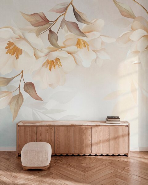 Carta da parati Fiori di magnolia con delicate foglie marroni che pendono dai rami, Carta da parati Floreale, w10086 : Uwalls.it