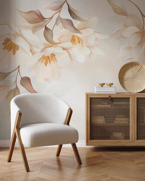 Carta da parati Fiori di magnolia con delicate foglie marroni che pendono dai rami, Carta da parati Floreale, w10086 : Uwalls.it