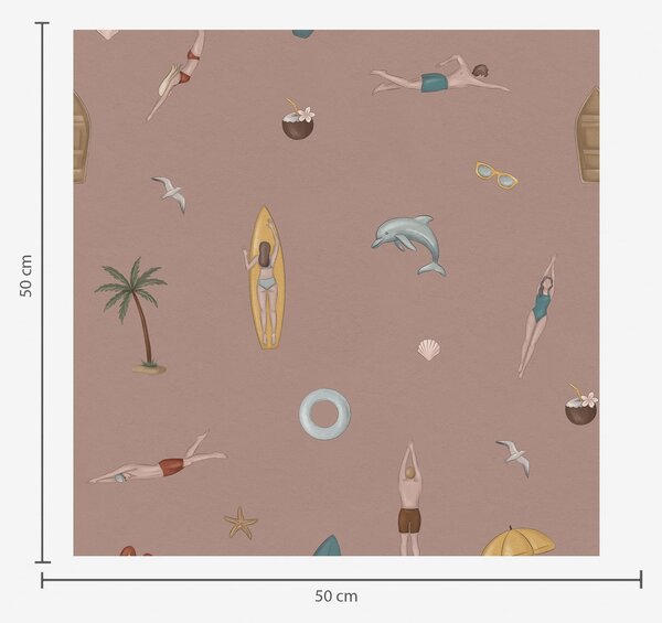 Carta da parati Motivi raffiguranti nuotatori, delfini e soggetti tropicali su sfondo rosa, Parati unica, a01275v1 : Uwalls.it