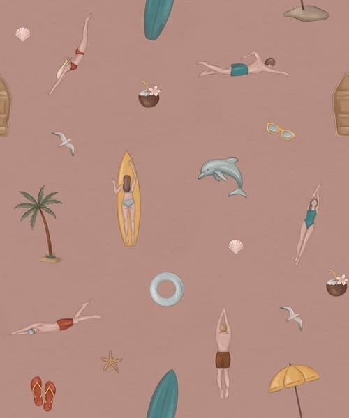 Carta da parati Motivi raffiguranti nuotatori, delfini e soggetti tropicali su sfondo rosa, Parati unica, a01275v1 : Uwalls.it