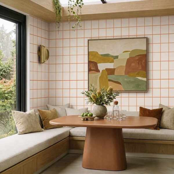 Carta da parati Griglia composta da nove quadrati beige con bordi color terracotta, Parati astratta classici, a01277 : Uwalls.it