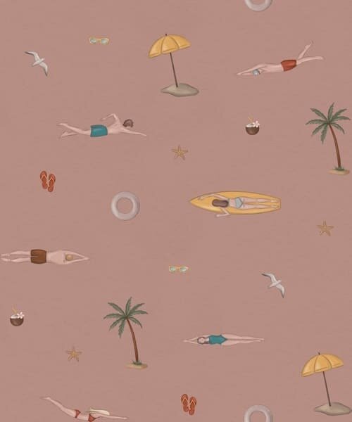 Carta da parati Nuotatori, palme e accessori da spiaggia su uno sfondo rosa, Parati natura classici, a01276v2 : Uwalls.it