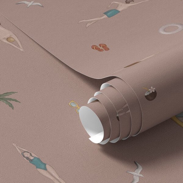 Carta da parati Nuotatori, palme e accessori da spiaggia su uno sfondo rosa, Parati natura classici, a01276v2 : Uwalls.it