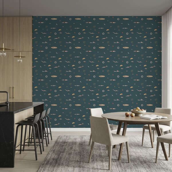 Carta da parati Nuotatori, palme e accessori da spiaggia su uno sfondo blu scuro, Parati natura classici, a01276 : Uwalls.it