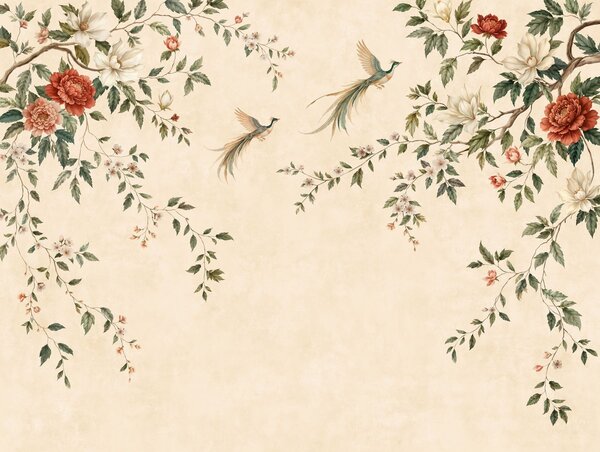 Carta da parati Rami in fiore e uccelli del paradiso su uno sfondo color crema, Carta da parati Stile Orientale, w05955 : Uwalls.it