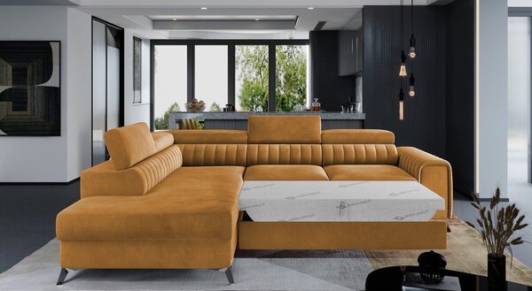 Divano angolare giallo allungabile/con contenitore (con penisola a sinistra/a L) e rivestimento in velluto Laurence – ELTAP