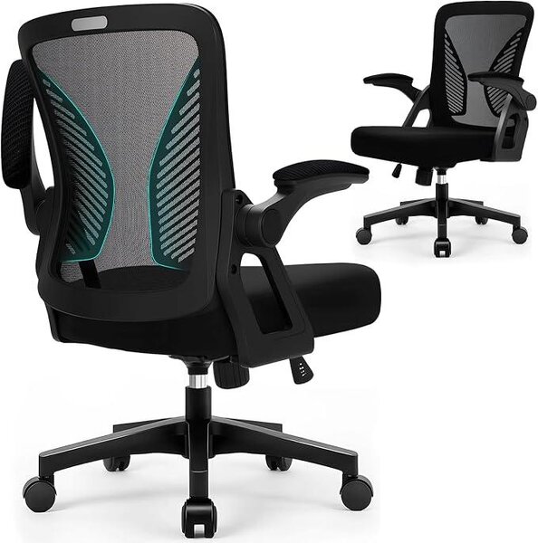 Sedia da ufficio ergonomica con schienale in rete traspirante, braccioli pieghevoli e funzione basculante, sedia da scrivania con tessuto a rete traspirante, sedia girevole per l'ufficio domestico e l'ufficio, colore nero