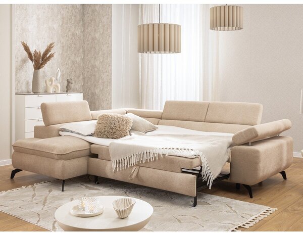 Divano angolare beige (con penisola a sinistra/a L) con rivestimento in ciniglia Marbeya – Ropez