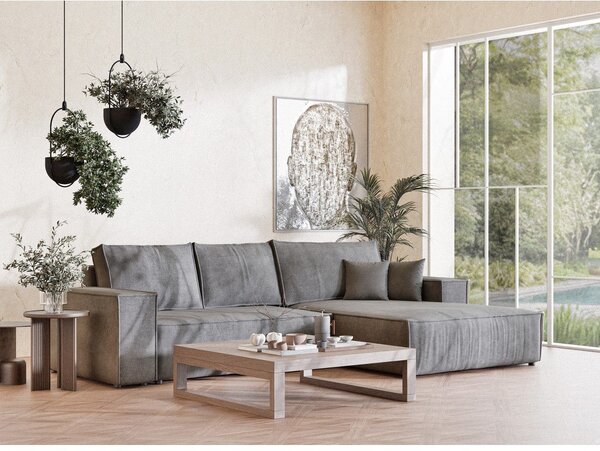 Divano angolare grigio allungabile/con contenitore (con penisola a destra/con chaise lounge) con rivestimento in ciniglia Maze – Maison de Rêve