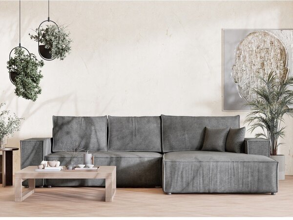 Divano angolare grigio allungabile/con contenitore (con penisola a destra/con chaise lounge) con rivestimento in ciniglia Maze – Maison de Rêve