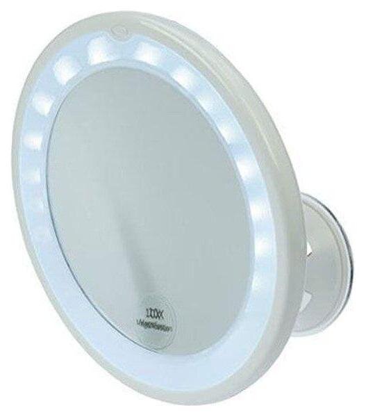 Specchio LED, plastica bianca, con luci LED molto luminose, ventosa (appoggiare su una superficie liscia, quindi ruotare la base per fissarlo), orientabile in tutte le direzioni grazie al giunto sferico, incluse 3 batterie AAA, Ø 17,5 cm