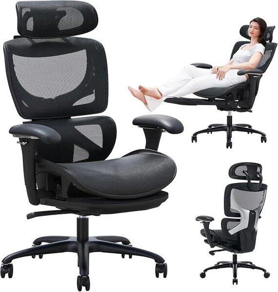 Sedia da ufficio ergonomica con poggiapiedi – Poltrona da ufficio con schienale alto, poggiatesta regolabile e braccioli 3D – Tessuto a rete traspirante, supporto lombare dinamico, regolabile in altezza – Colore: nero