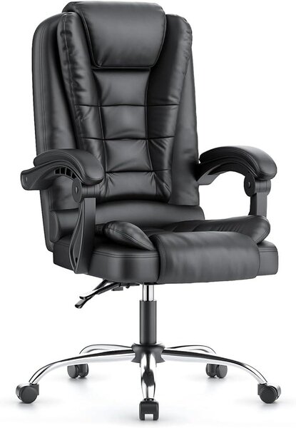 Sedia da ufficio ergonomica, sedia da scrivania con schienale alto e regolabile in altezza, sedia girevole in ecopelle, poltrona da ufficio, poltrona reclinabile per ufficio e casa, colore nero intenso