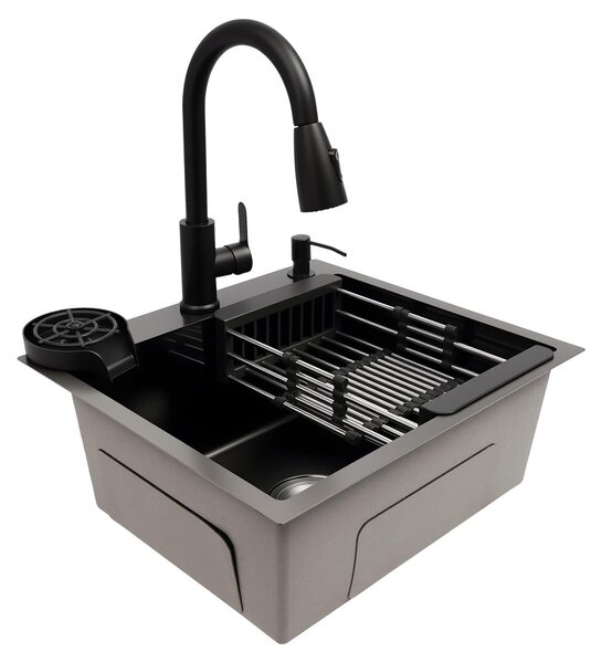 Lavello da cucina nero con rubinetto estraibile e area di scolatura