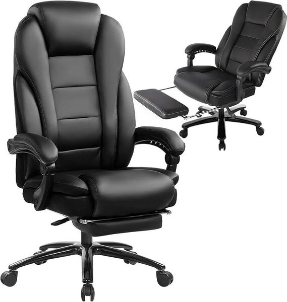 Sedia da ufficio ergonomica con poggiapiedi, poltrona da ufficio in ecopelle, schienale alto con poggiatesta, regolabile in altezza, imbottitura extra spessa, sedia girevole per ufficio e smart working, colore nero
