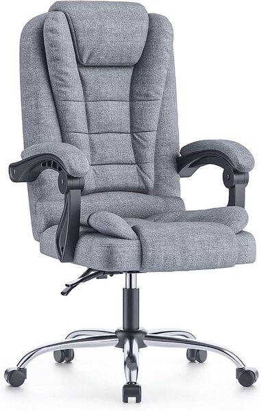 Poltrona da ufficio ergonomica in ecopelle, girevole, con schienale alto, regolabile in altezza, seduta imbottita con molle e braccioli imbottiti, portata massima 150 kg, colore grigio