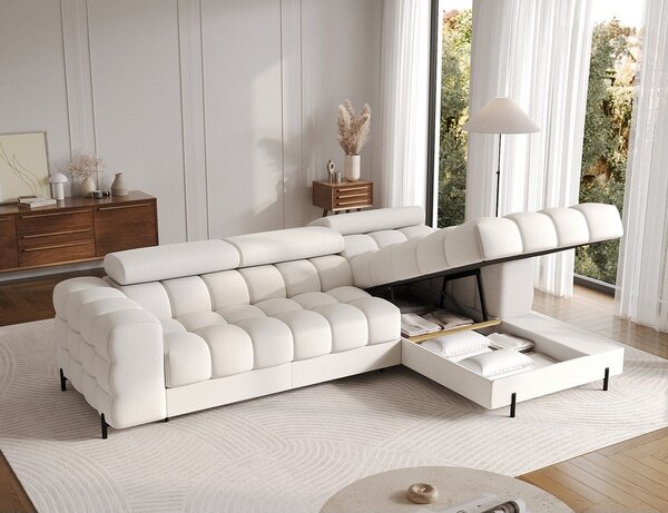 Divano angolare color crema allungabile/con contenitore (con penisola a destra/con chaise lounge) con rivestimento in bouclé Felro – ELTAP