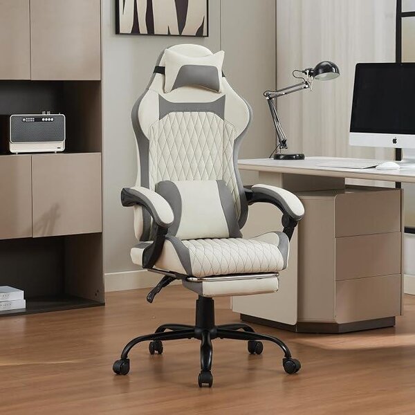 Sedia da gaming, sedia da ufficio, sedia ergonomica per scrivania realizzata in ecopelle traspirante, con poggiapiedi, girevole a 360 gradi, inclinabile da 90 a 135 gradi, struttura in acciaio, rotelle silenziose, capacità di carico fino a 400 lb