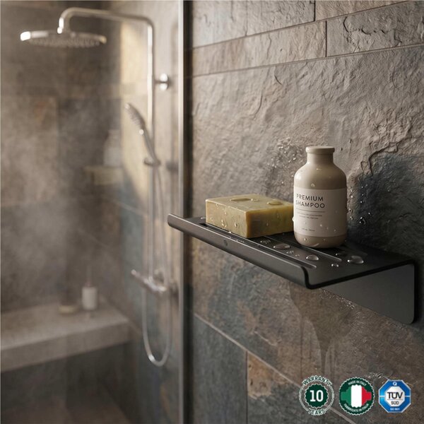 Mensola doccia bagno Linea B-LINE Dimensioni 45x12,5x h 8,4 cm stile minimale Acciaio verniciato a polvere nero Opaco Fissaggio ad incollo o A vite