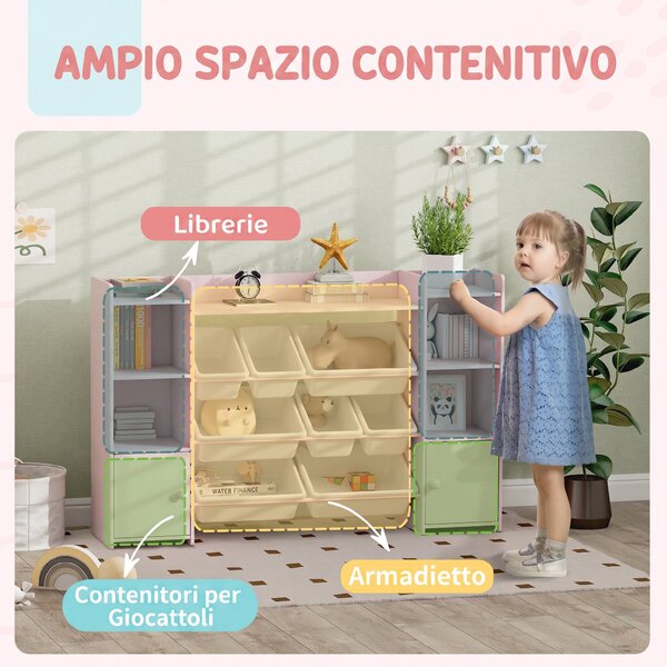 AIYAPLAY Scaffale Portagiochi per Bambini con 8 Contenitori Rimovibili e Armadietti, 140x30x90 cm, Rosa | Aosom Italy
