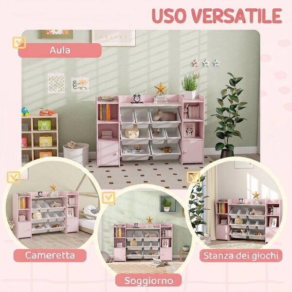 AIYAPLAY Scaffale Portagiochi per Bambini con 8 Contenitori Rimovibili e Armadietti, 140x30x90 cm, Rosa | Aosom Italy