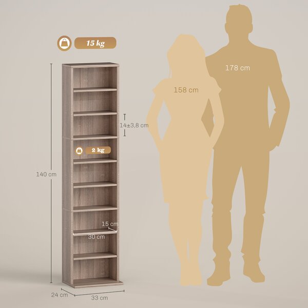 HOMCOM Scaffale Porta CD con 6 Ripiani Regolabili, Capacità di 260 CD/120 DVD, 33x24x140 cm, Color Legno | Aosom Italy